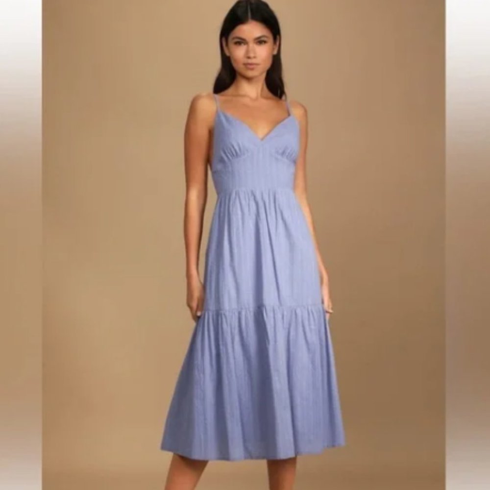 Lulus Happy Times Denim Blue Tiered Midi Dress - Picture 3 of 9